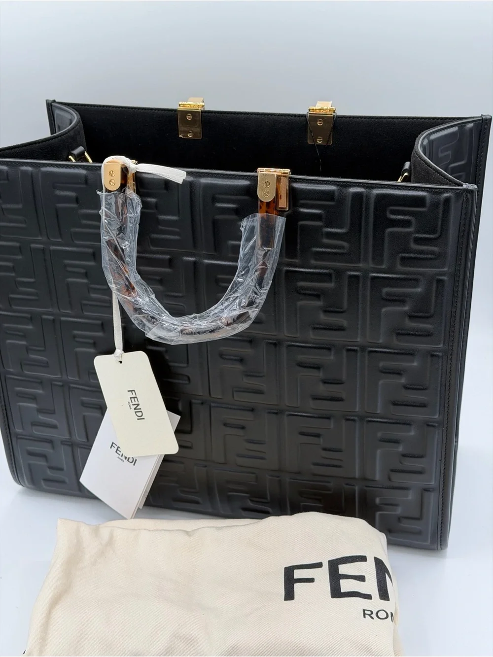 Fendi FF Black Embossed Leather Tote Bag New🔥